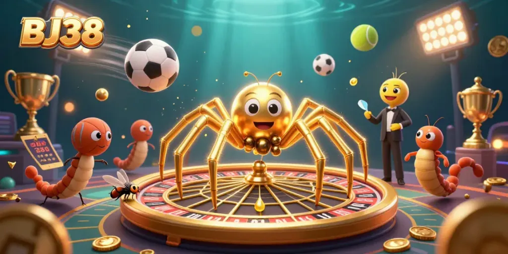 BJ38 offers thrilling betting action with a cartoon golden spider and sports elements in a dynamic casino scene.