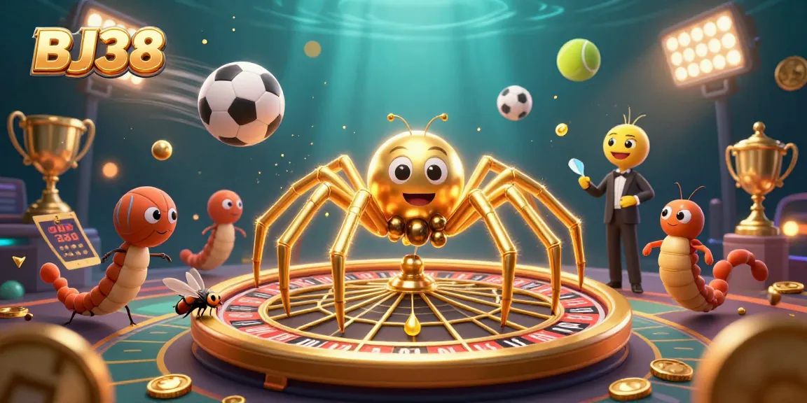 BJ38 offers thrilling betting action with a cartoon golden spider and sports elements in a dynamic casino scene.