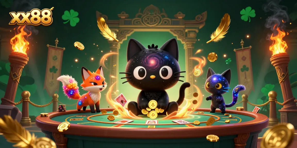 Experience the cosmic charm of xx88 casino with a black hole cat drawing in gold chips.