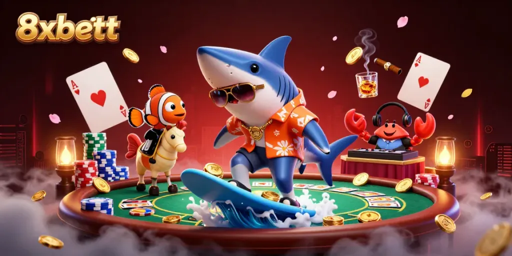 Experience gambling thrills with 8xbett's vibrant casino illustrations featuring a lively cartoon scene.