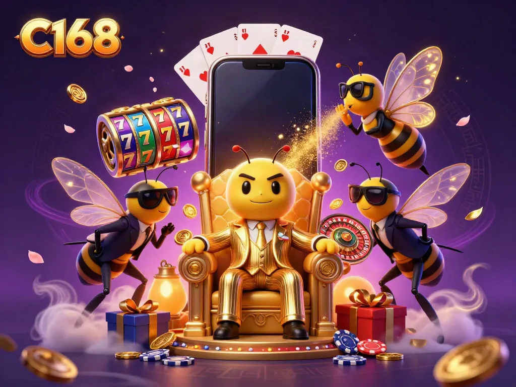 C168 features a vibrant scene with a bumblebee mob boss, slot games, and poker elements representing excitement.