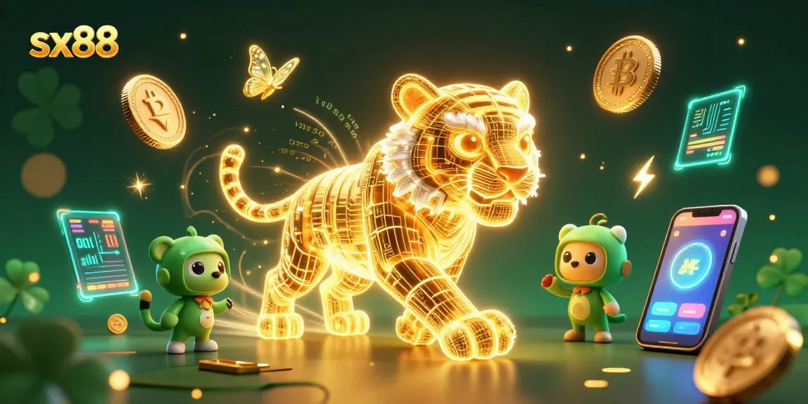 Engage with sx88's thrilling casino dynamics featuring a golden tiger and neon coins.