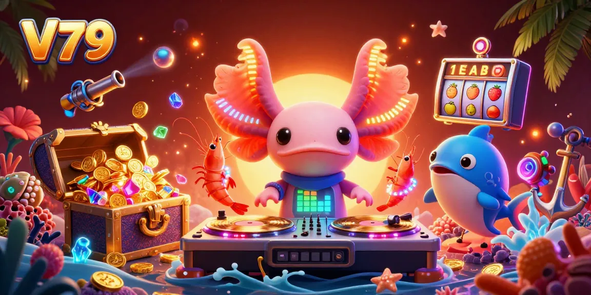 V79 mang đến không gian giải trí đầy màu sắc với DJ axolotl và các yếu tố casino.