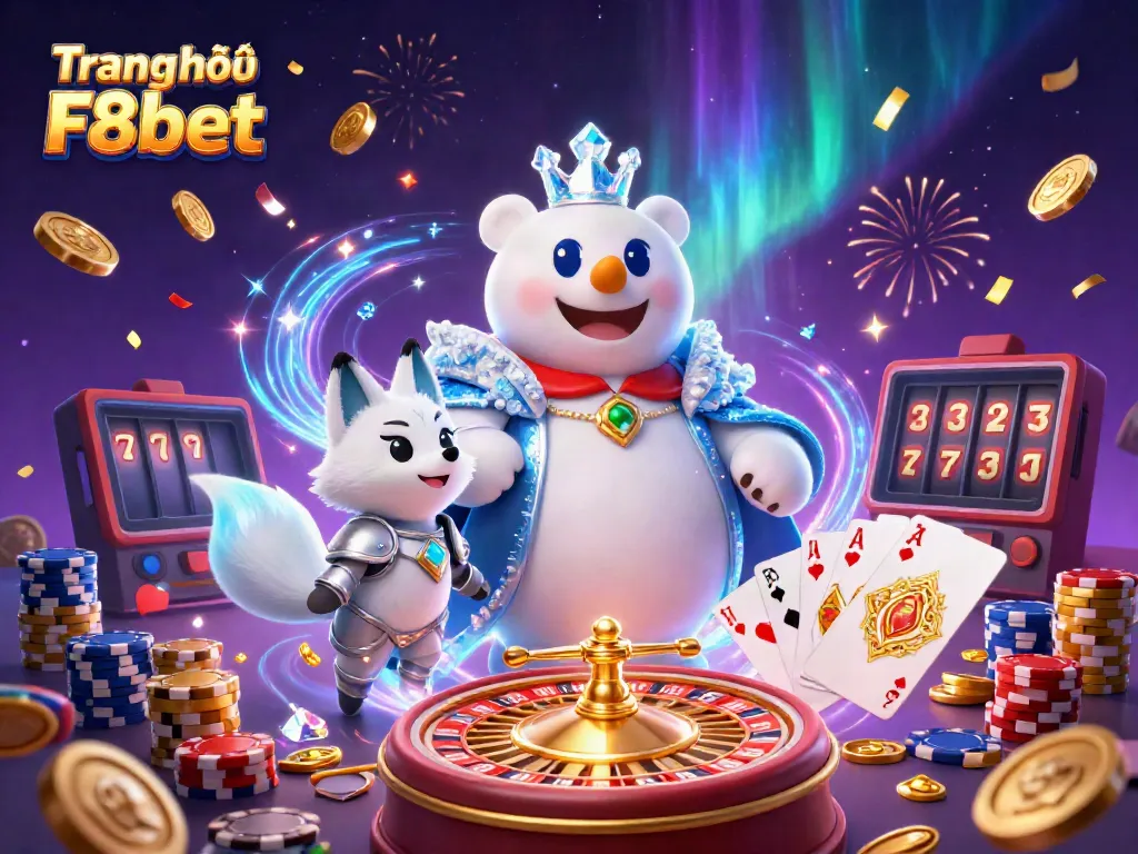 Experience the magic of Trang chủ F8bet with the ice king polar bear and snow fox in an enchanting casino scene.
