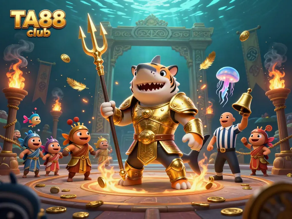 Bet on exciting games with TA88 club in an energetic underwater colosseum featuring a shark in gladiator armor.