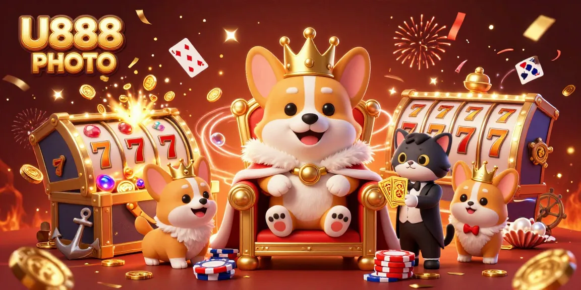 Engage with U888 PHOTO as royal corgi reigns over a vibrant casino scene, spinning slots and riches.