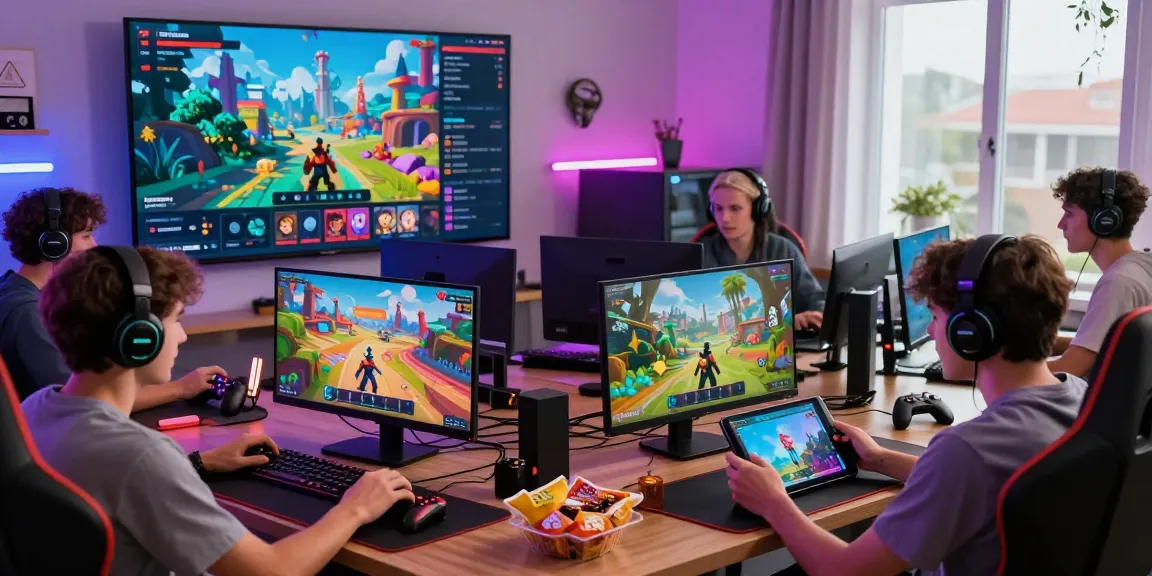 Gamers engaging on PlayMyWorld platform surrounded by vibrant digital landscapes and devices.