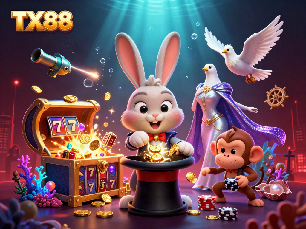 TX88 offers thrilling online casino games with a captivating illustration featuring a magician rabbit and vibrant symbols.