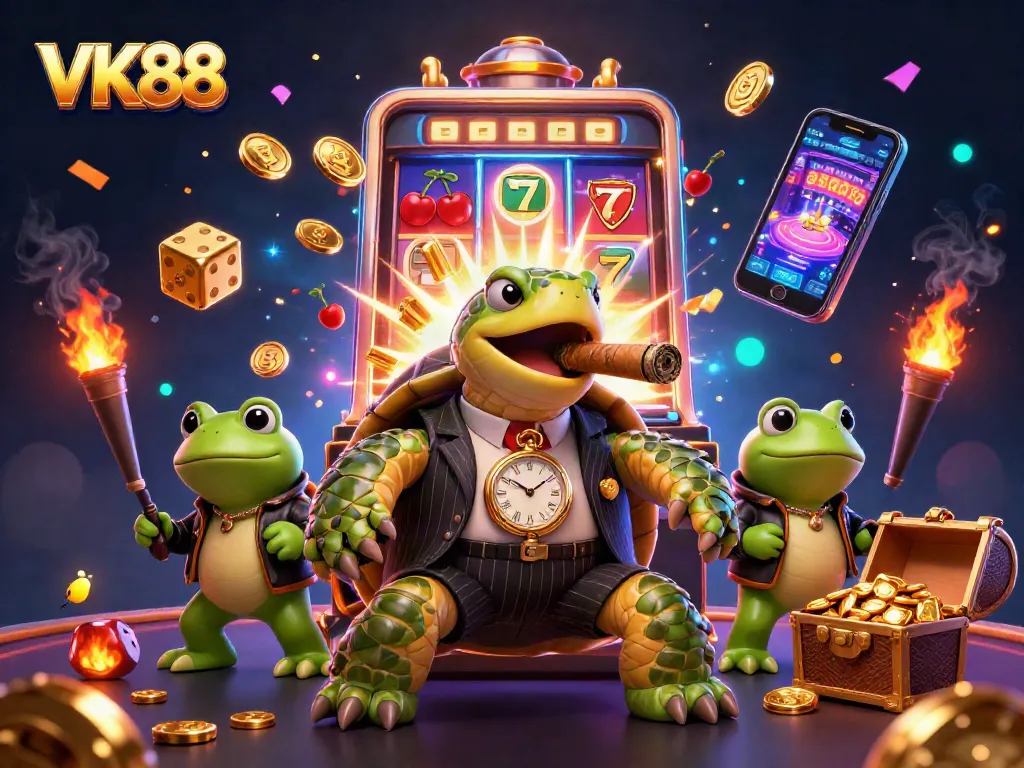 Engage in exciting gameplay at VK88 with a mobster turtle and gaming elements.