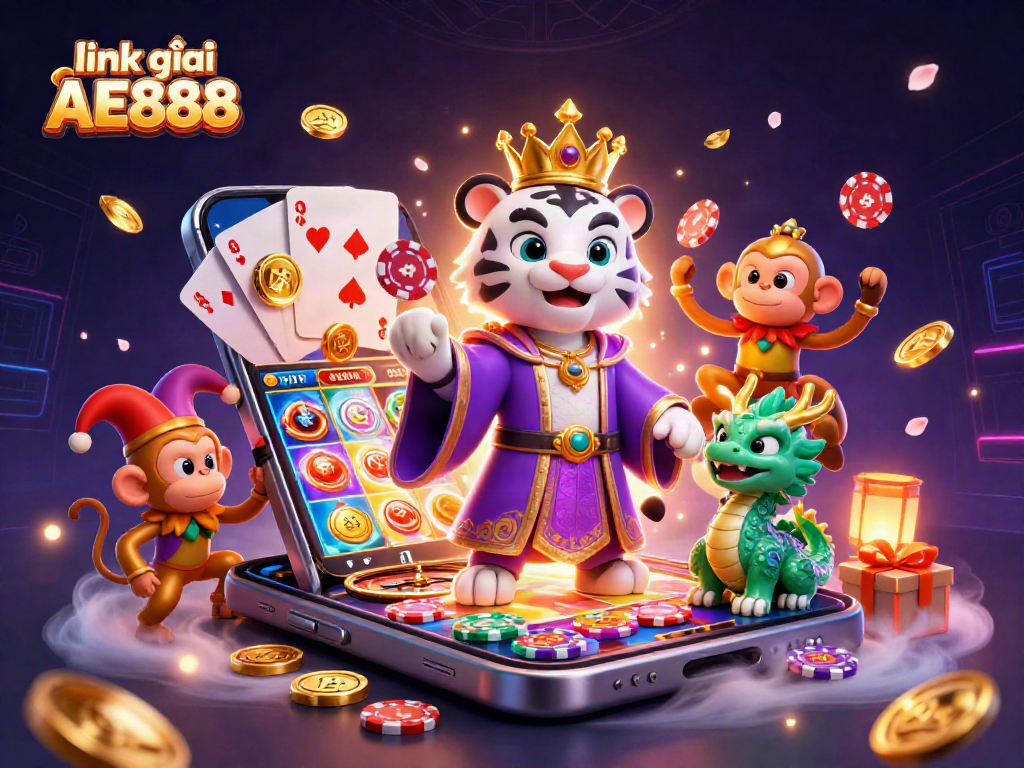 Experience thrilling action with link vào AE888 in a vibrant 3D casino illustration featuring a majestic tiger and jester monkey.