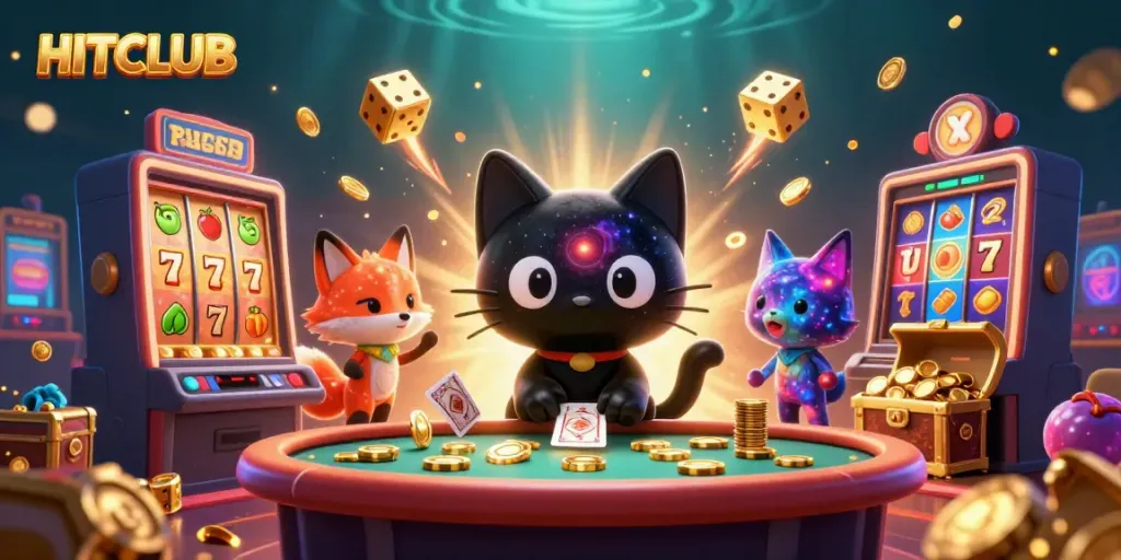 Experience the thrill of HITCLUB's cosmic casino with 3D animated characters and vibrant slot machine action.