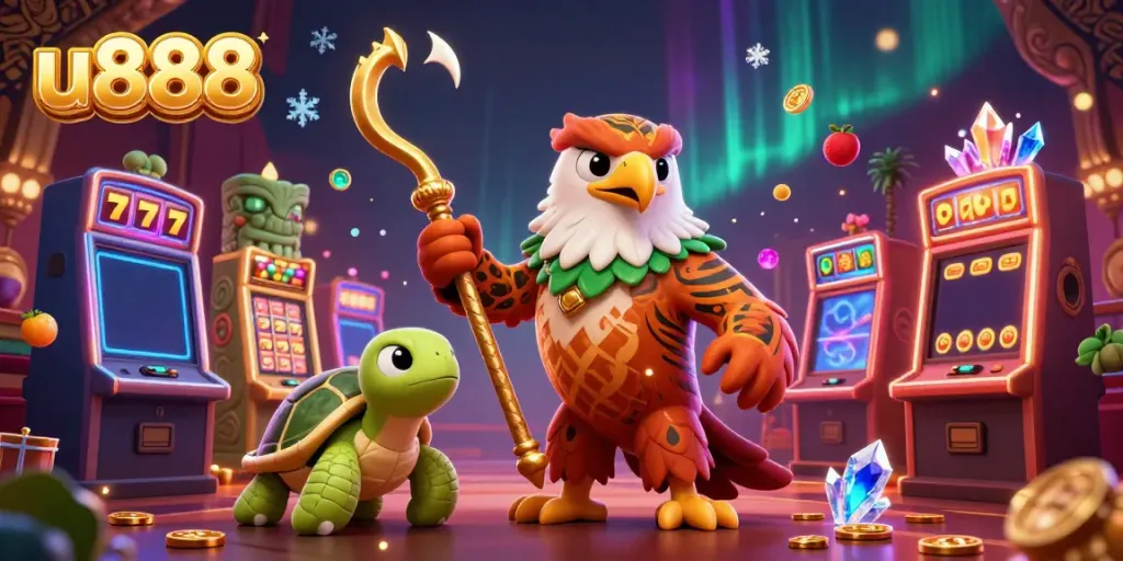 Experience thrilling slots with U888's colorful jackpot scene and vibrant characters.