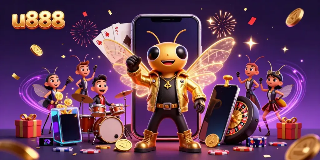 Plunge into u888 gaming with a vibrant 3D casino rock star scene featuring a cicada leading the fun.