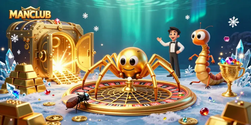 Engage with MANCLUB’s thrilling games as the golden spider spins winning bets around a roulette wheel.