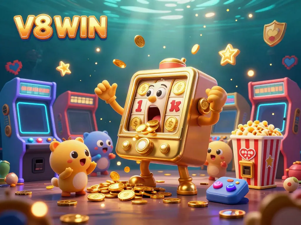 Experience the excitement of V8 WIN as joyous slot machines celebrate a jackpot amidst colorful arcade elements.