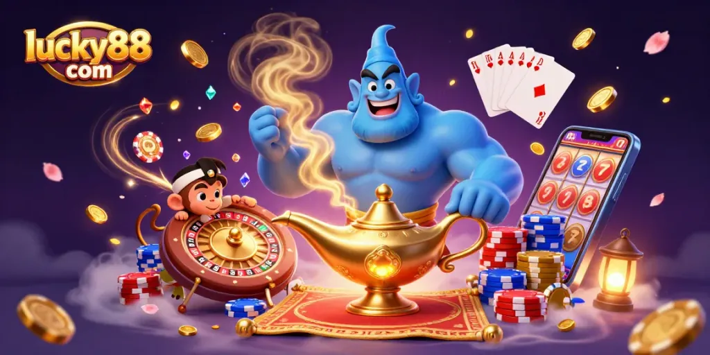 Win big with lucky88 com at a vibrant casino scene featuring a blue genie and flowing treasures.