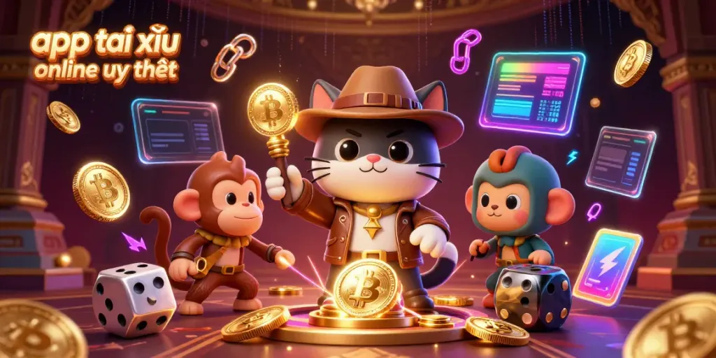 Engage with the app tài xỉu online uy tín through an exciting illustration of a cat explorer and monkey companion uncovering casino treasures.
