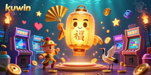 Kuwin presents an exciting scene with a golden lantern spirit floating above vibrant game machines, embodying thrilling gaming action.