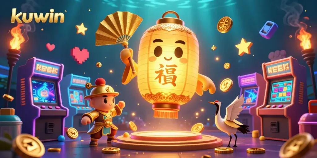 Kuwin presents an exciting scene with a golden lantern spirit floating above vibrant game machines, embodying thrilling gaming action.