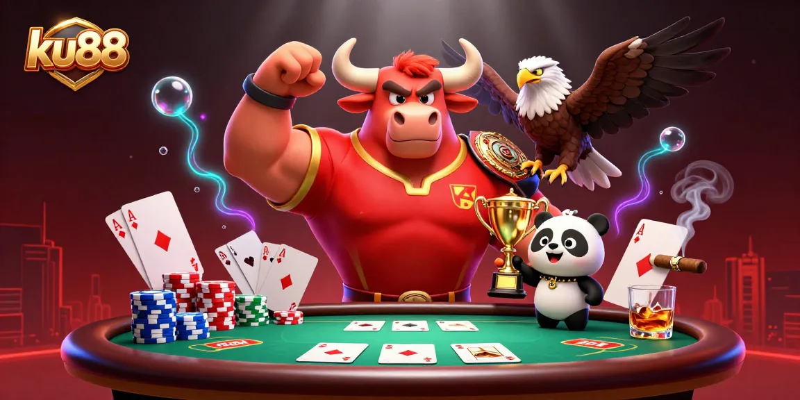 ku88 showcases an exciting scene with a bull mascot, eagle, and panda celebrating casino victories.