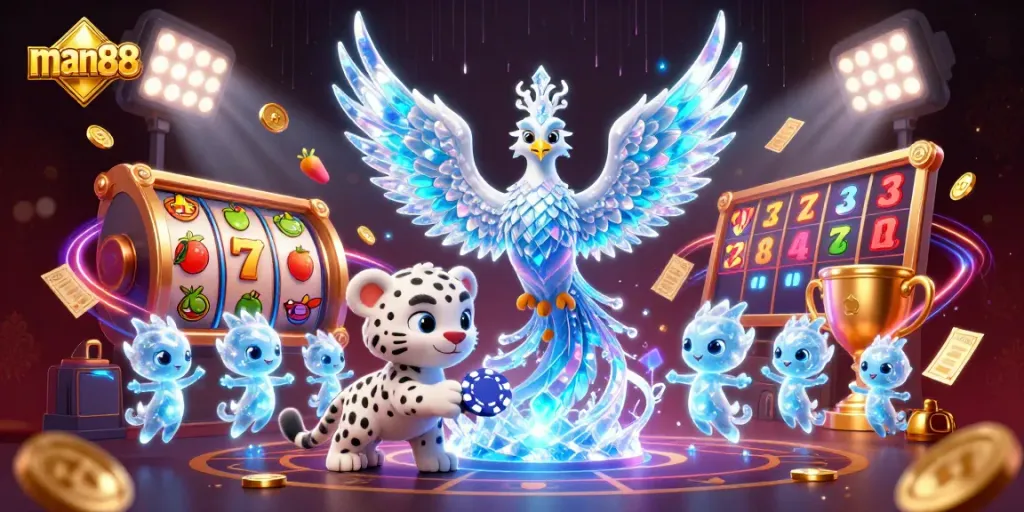 man88 hosts thrilling slot games with dynamic elements and engaging characters in a vibrant casino scene.