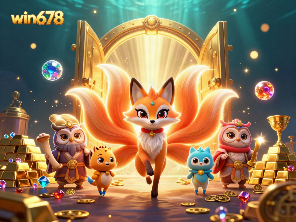 Engage with win678's vibrant slots scene featuring a colorful nine-tailed fox and treasures in a dazzling 3D illustration.