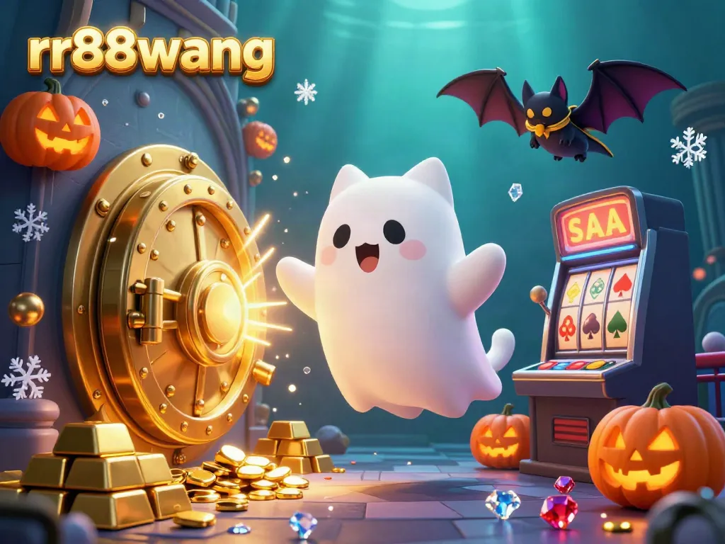 Engage with rr88wang amidst a spooky, vibrant casino scene filled with treasure and playful Halloween elements.
