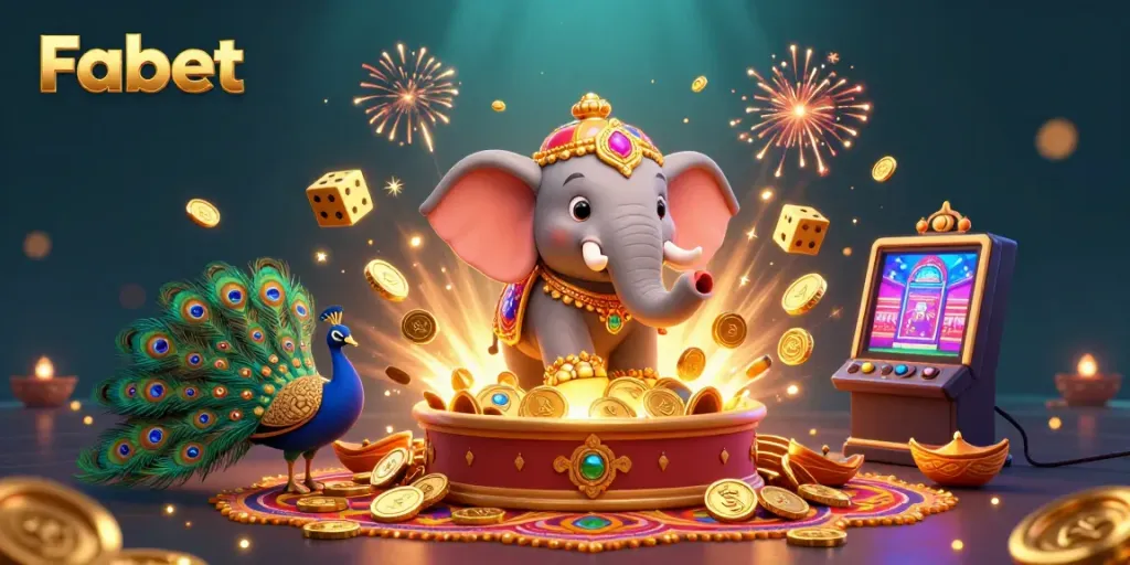 Experience thrilling wins at Fabet with vibrant slots and a festive 3D elephant jackpot scene.