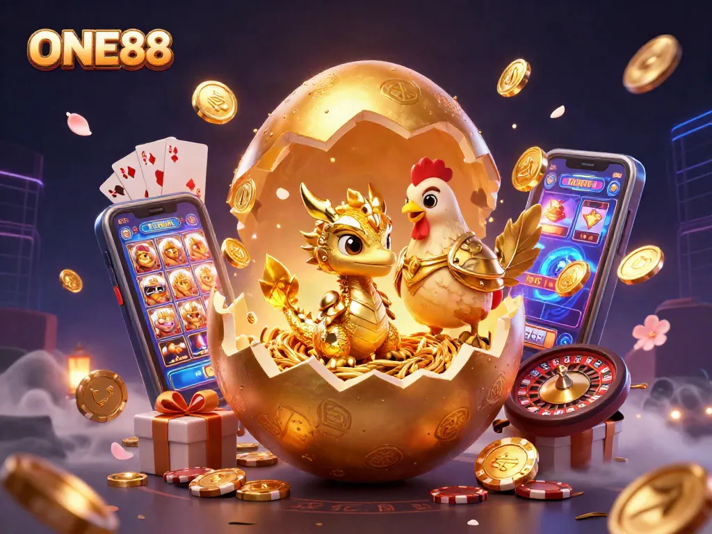 Engage with the golden gaming world of ONE88 featuring a dragon and vibrant casino elements.