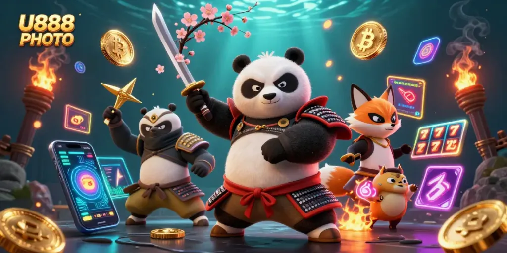 Bet on U888 PHOTO with a fierce samurai panda, ninja fox, and tanuki spirit in an exciting casino setting.