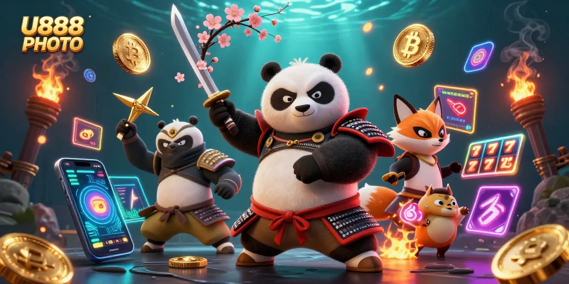 Bet on U888 PHOTO with a fierce samurai panda, ninja fox, and tanuki spirit in an exciting casino setting.