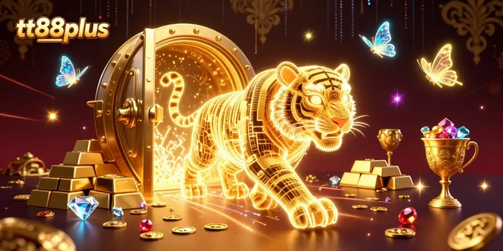 Bet big with tt88plus, where a glorious golden tiger roams a dazzling digital casino landscape.
