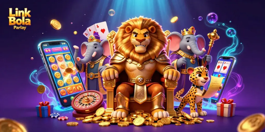 Experience the exciting Link Bola Parlay with a vibrant casino scene featuring a majestic lion and thrilling gaming elements.