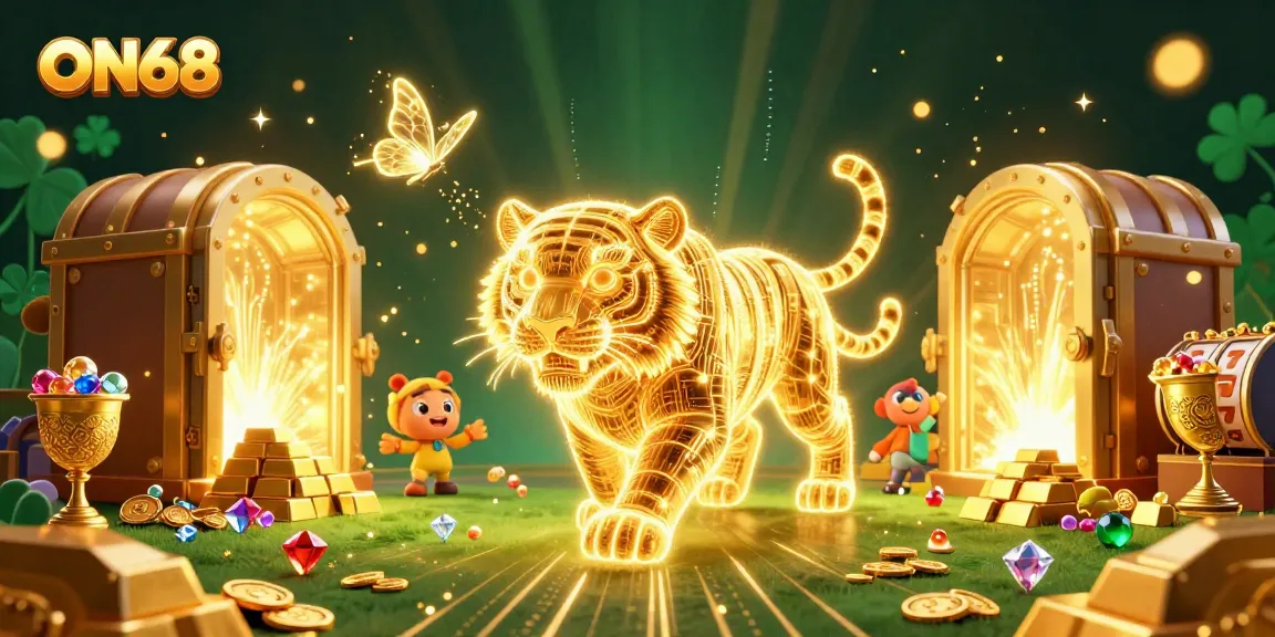 Engage with ON68's vibrant casino environment featuring a playful neon-wireframe tiger.
