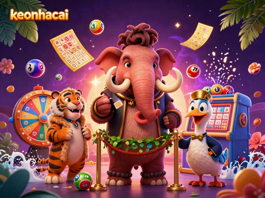 Engage in the thrilling keonhacai experience with a lively scene featuring a woolly mammoth bouncer and colorful lottery elements.