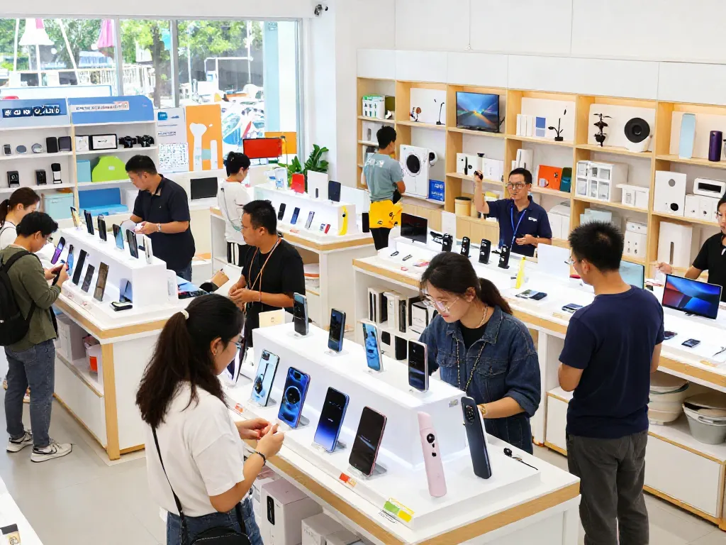 Vibrant ROKOK88 shopping experience with gadgets and diverse customers.