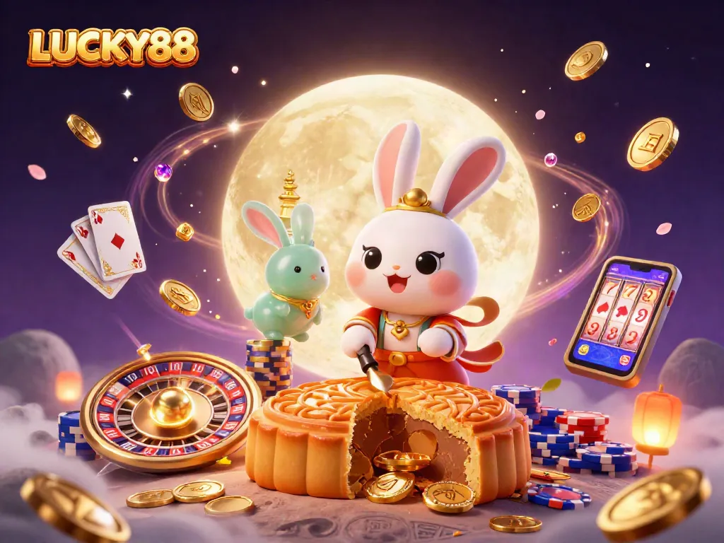 Experience the excitement of LUCKY88 with a magical casino scene featuring a moon rabbit and dynamic gaming elements.