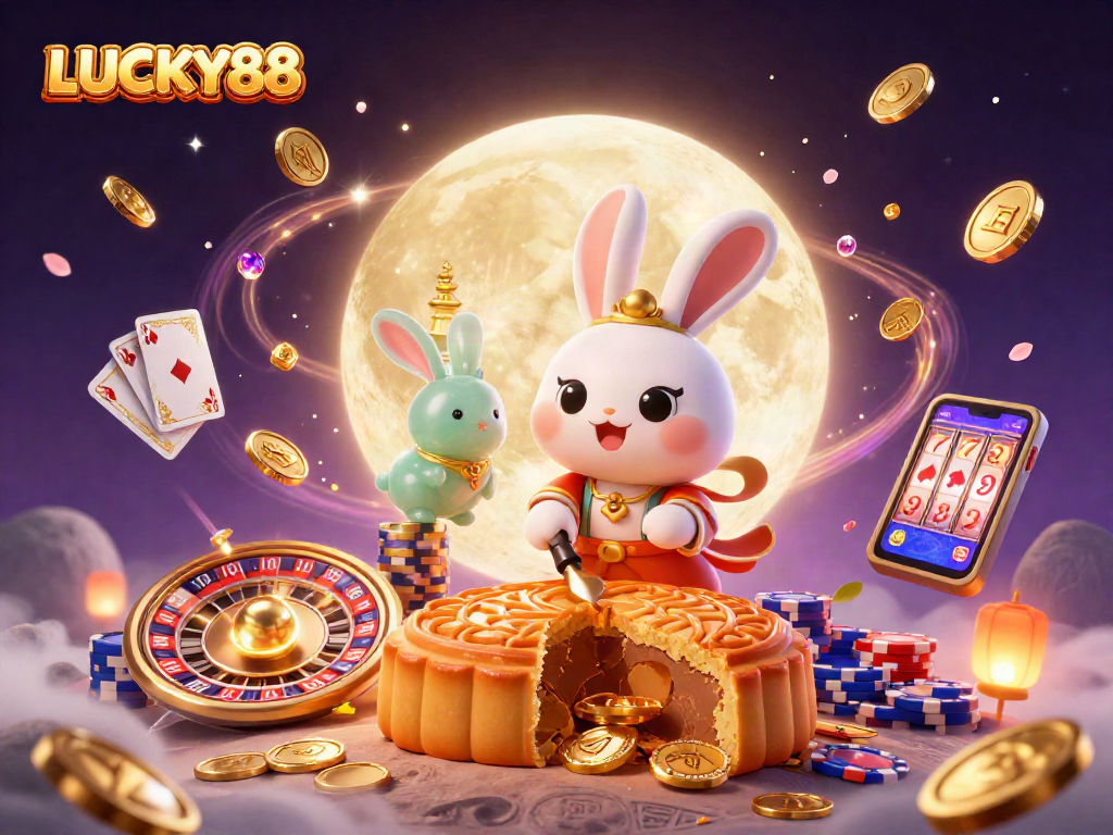 Experience the excitement of LUCKY88 with a magical casino scene featuring a moon rabbit and dynamic gaming elements.