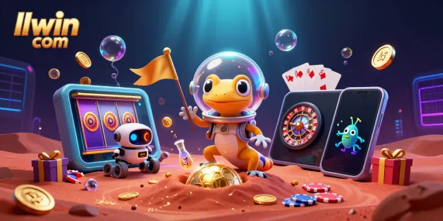 Experience thrilling gaming at llwin com with a Martian gecko uncovering a golden casino amidst dynamic slot games and vibrant colors.