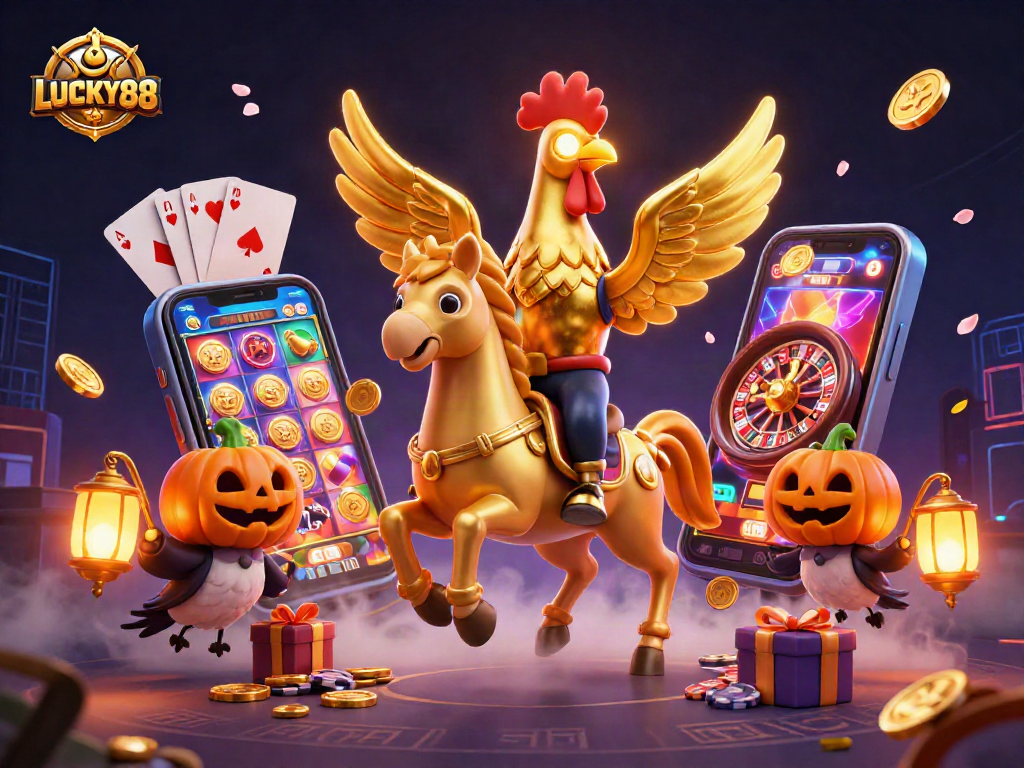 Engage with LUCKY88 slots in a vibrant midnight casino scene featuring animated characters and enticing game elements.
