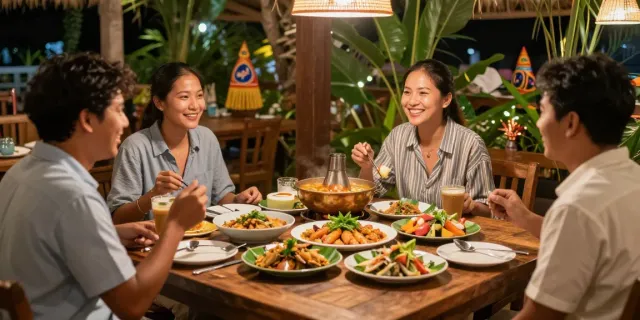 Rokok88 patrons enjoying authentic Thai seafood dishes in a vibrant restaurant.