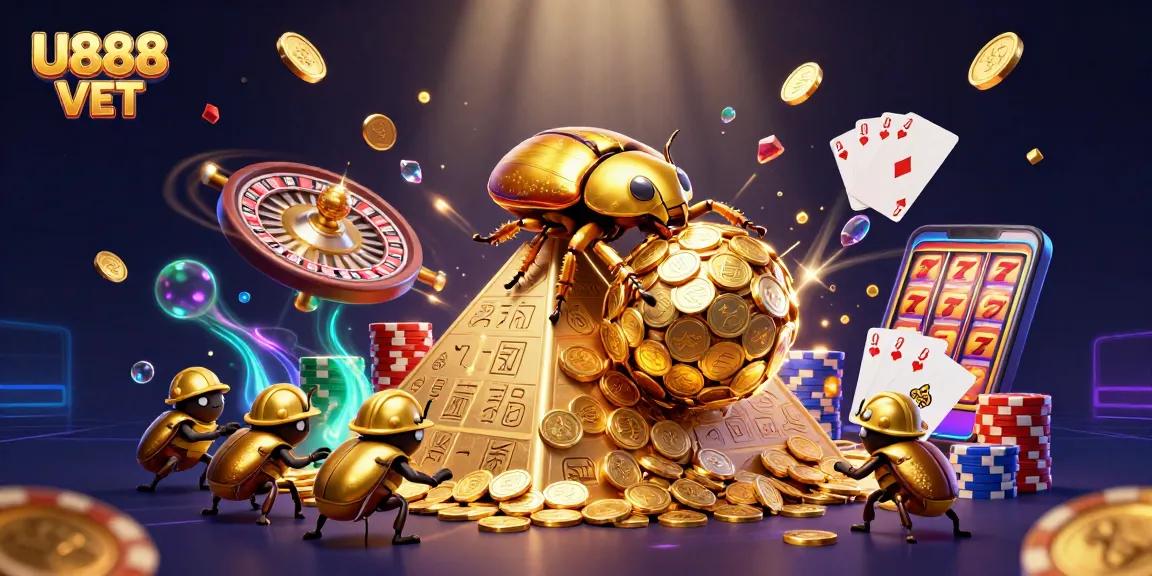 Experience excitement with U888 VET as a golden beetle navigates a casino pyramid.