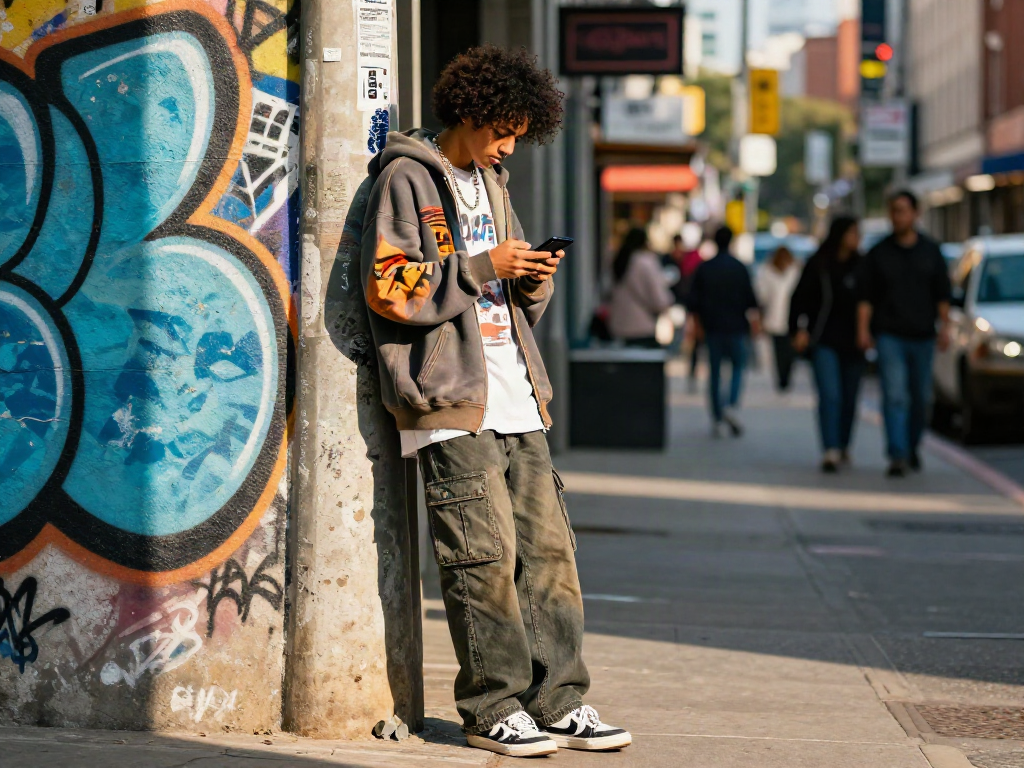 Street style fashion featuring rokok88 apparel in an urban setting.