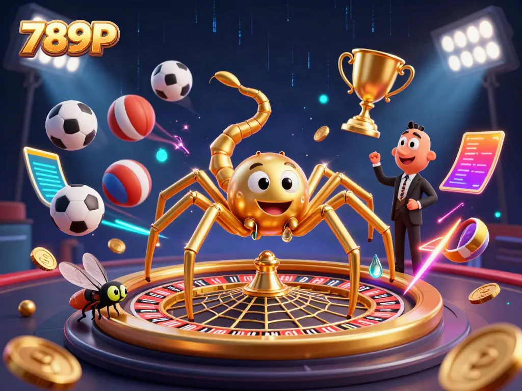 Spin the roulette wheel with 789P, as the spider spins golden webs of fortune in a casino-themed illustration.