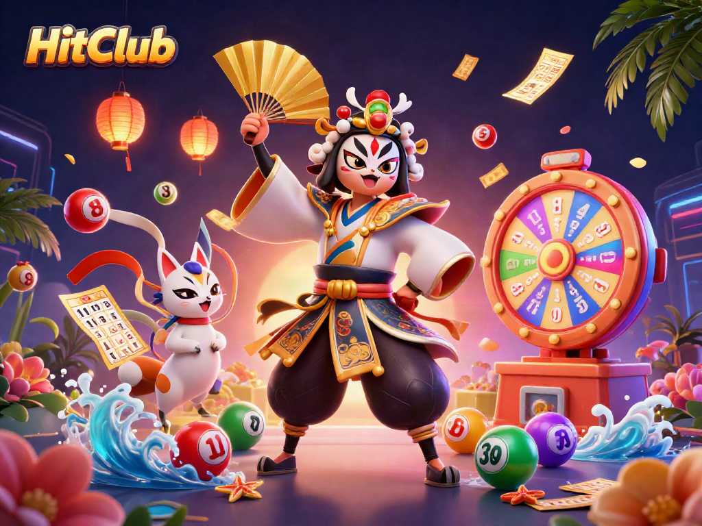 Experience the excitement of HitClub with vibrant lottery elements and dynamic casino game visuals.