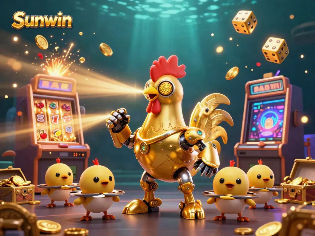 Experience thrilling casino action with Sunwin featuring a retro-futuristic rooster robot and baby chick drones amid dazzling slot machines.