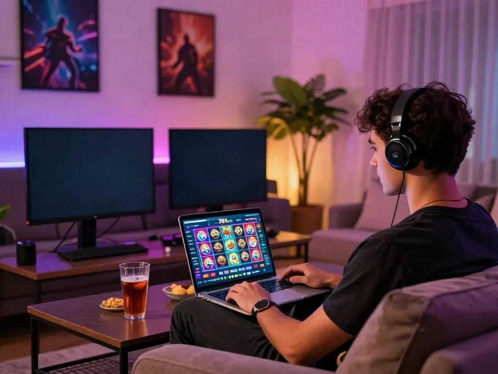 Engaged player enjoying online gambling experience on nhà cái 78win in a cozy living room.