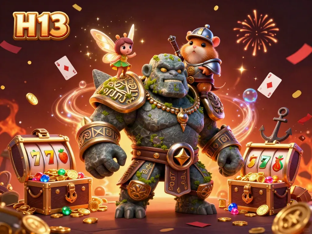 Engage with H 13: Explore vibrant 3D casino scene featuring lively characters and treasures.