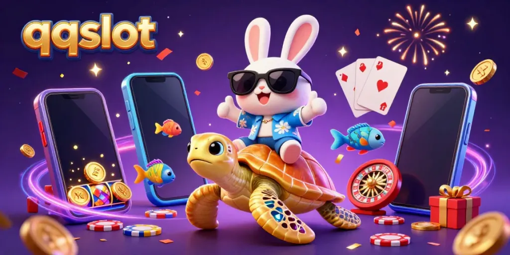 Experience thrilling games at qqslot with a cheerful 3D rabbit and a golden sea turtle amidst festive elements.