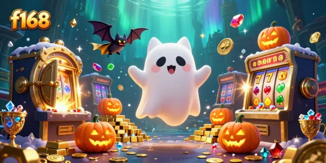 Join the fun at f168 with a magical haunted casino scene featuring a friendly ghost cat, vampire bat, and glowing poker jack-o-lanterns.